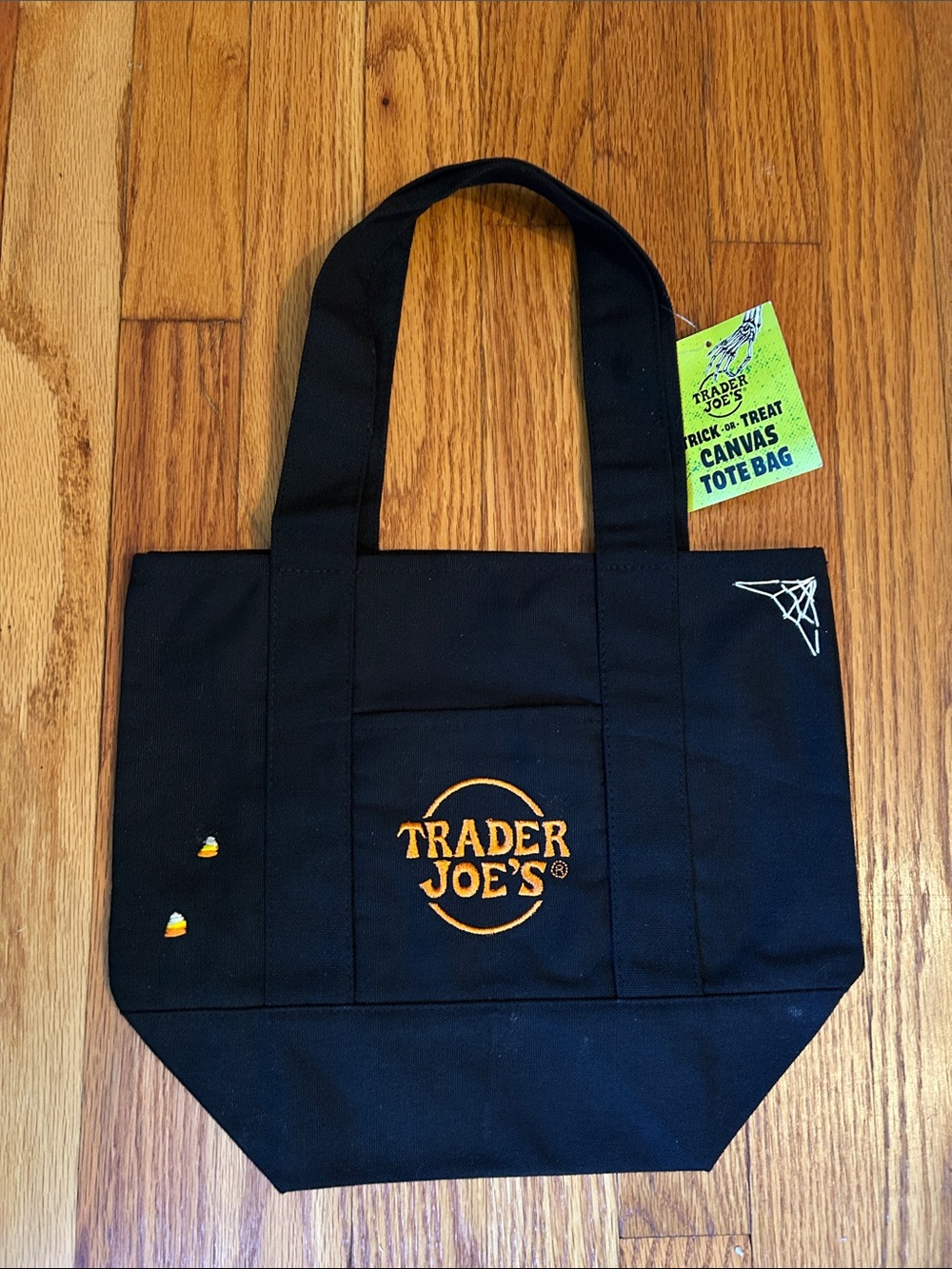 Trader Joe's Trick or Treat Canvas Black Tote Bag with Spider Web & Candy Corn